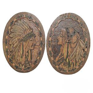 Flemish Wood Carved Mosaic Glass Inlay Native American Oval Photography Art Work